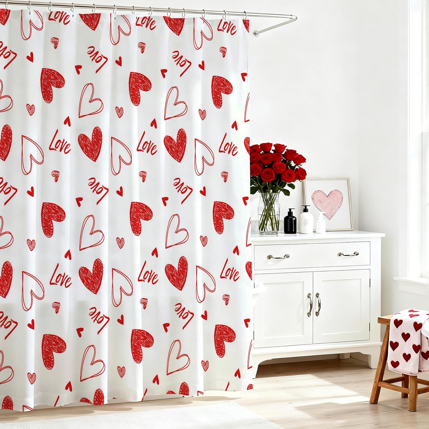 Valentines Shower Curtain Red Heart Shower Curtain For Valentines Day Bath Decorations Sweet Love Bath Curtain With 12 Hooks, 72 X 72 Inch Waterproof Fabric Bath Curtain