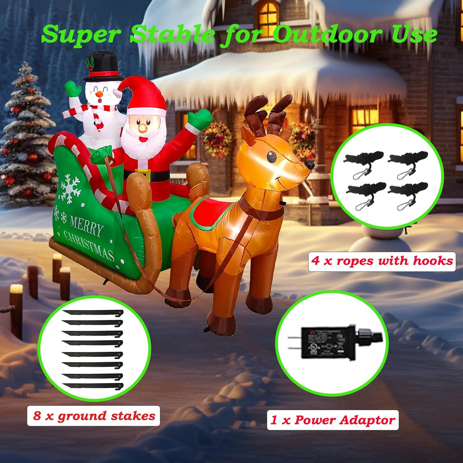 7.2 Ft Long Christmas Inflatables Santa Claus On Sleigh With Snowman & Reindeer, Leds Build-In Blow Up Christmas Yard In