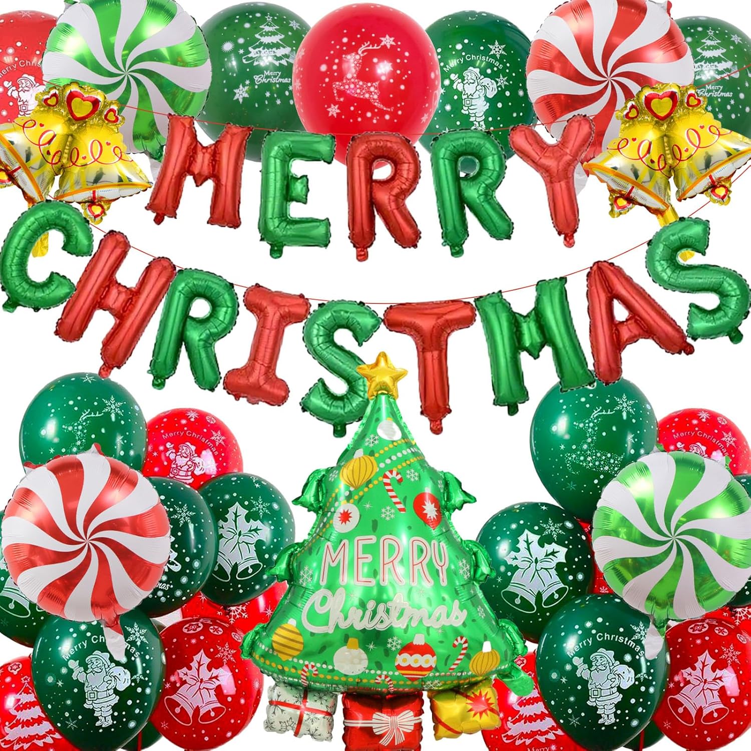 Christmas Decorations, Merry Christmas Banner Balloons With Candy Small Bell Balloons, Tree Balloon For Outdoor Decorations Indoor