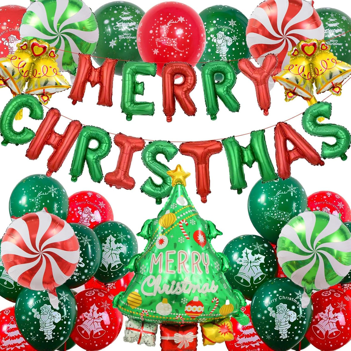 Christmas Decorations, Merry Christmas Banner Balloons With Candy Small Bell Balloons, Tree Balloon For Outdoor Decorations Indoor