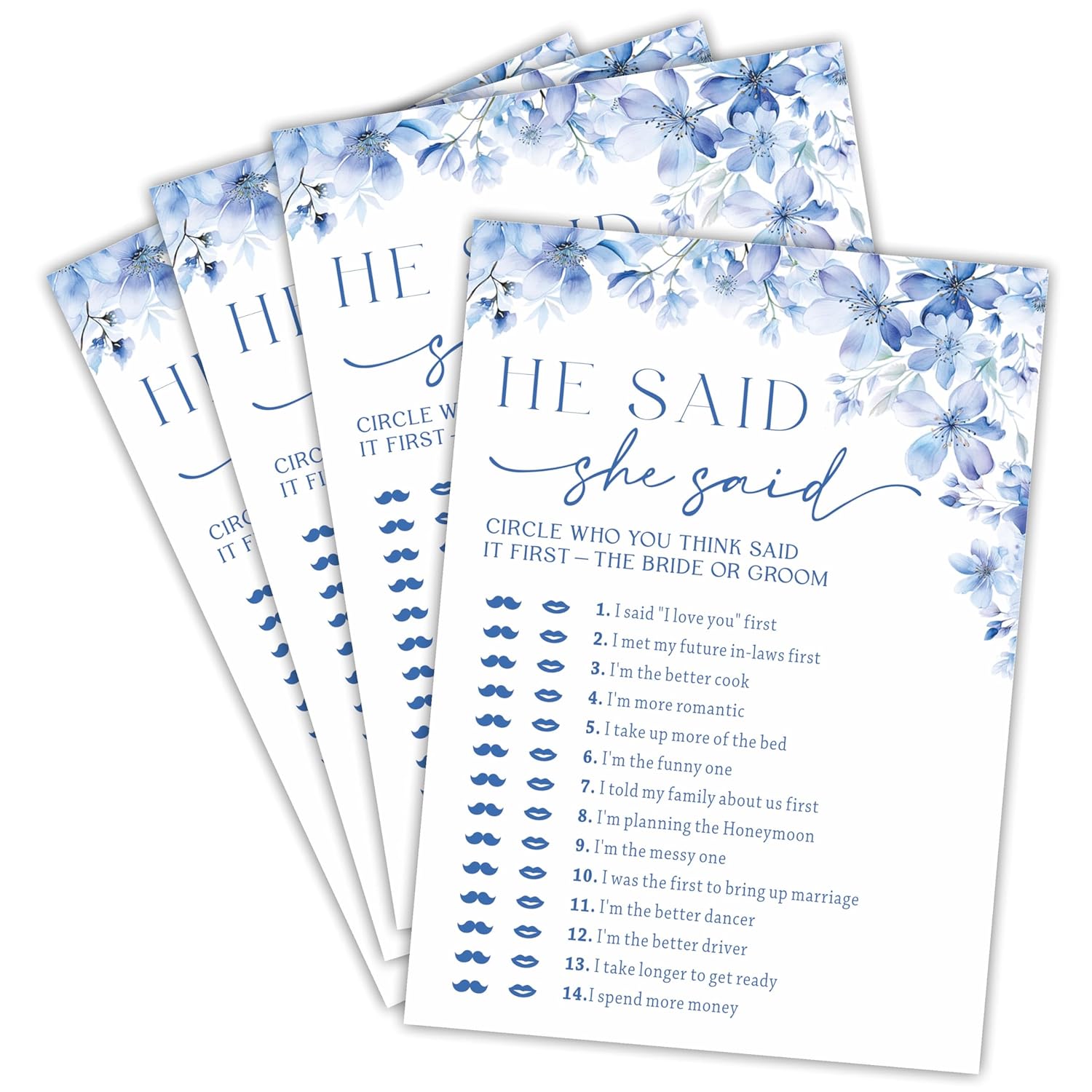 He Said She Said Bridal Shower Game - Blue Floral - 30 Pcs Double-Sided Fill-In Wedding Game Cards For Newlyweds, Engagement Party Activities & Decorations -A02