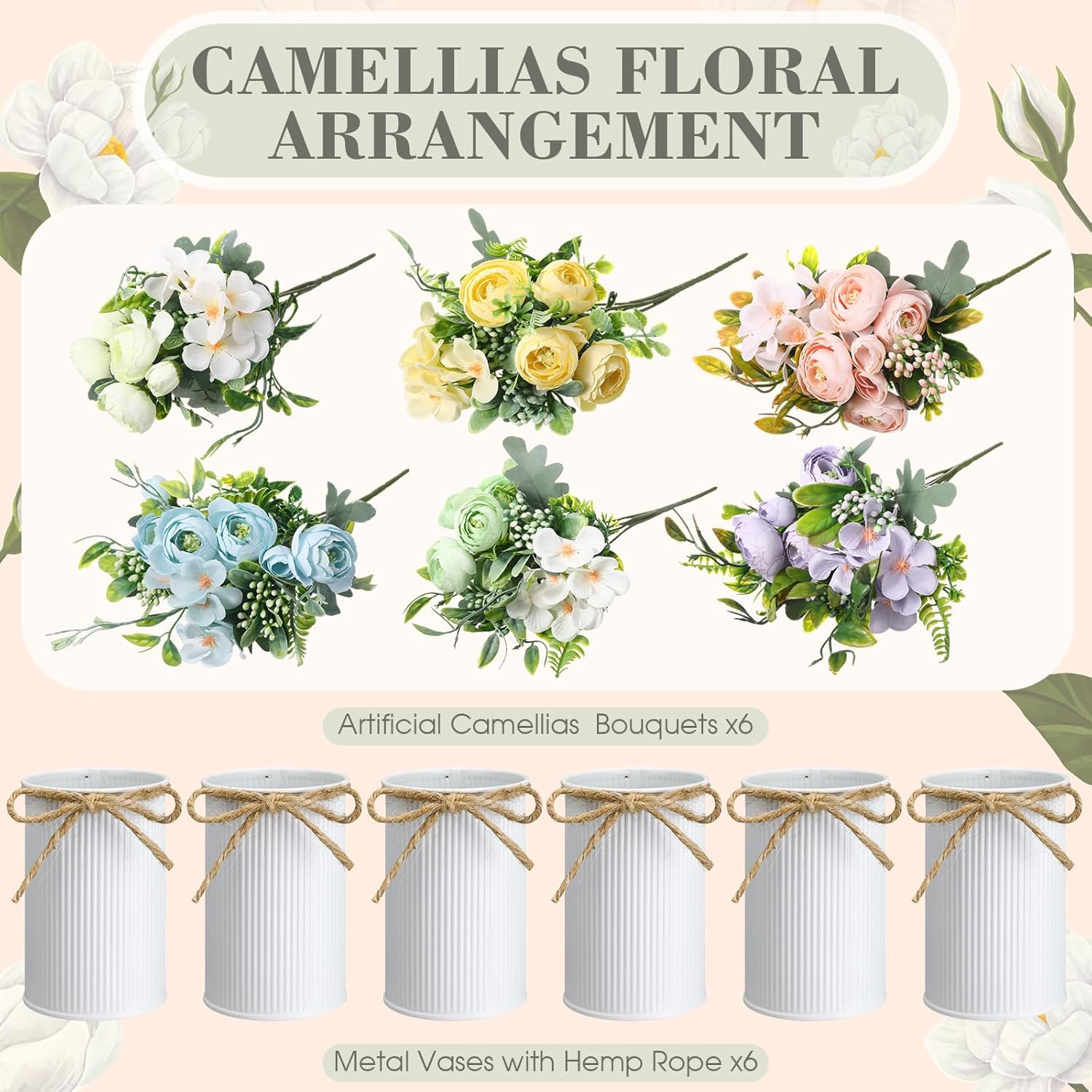 6 Pcs Wedding Table Centerpieces Camellias Artificial Flowers With Vase Summer Floral Arrangement Purple Blue Pink White Yellow Purple Green Flower Bouquet For Home Dining Table Party Decor