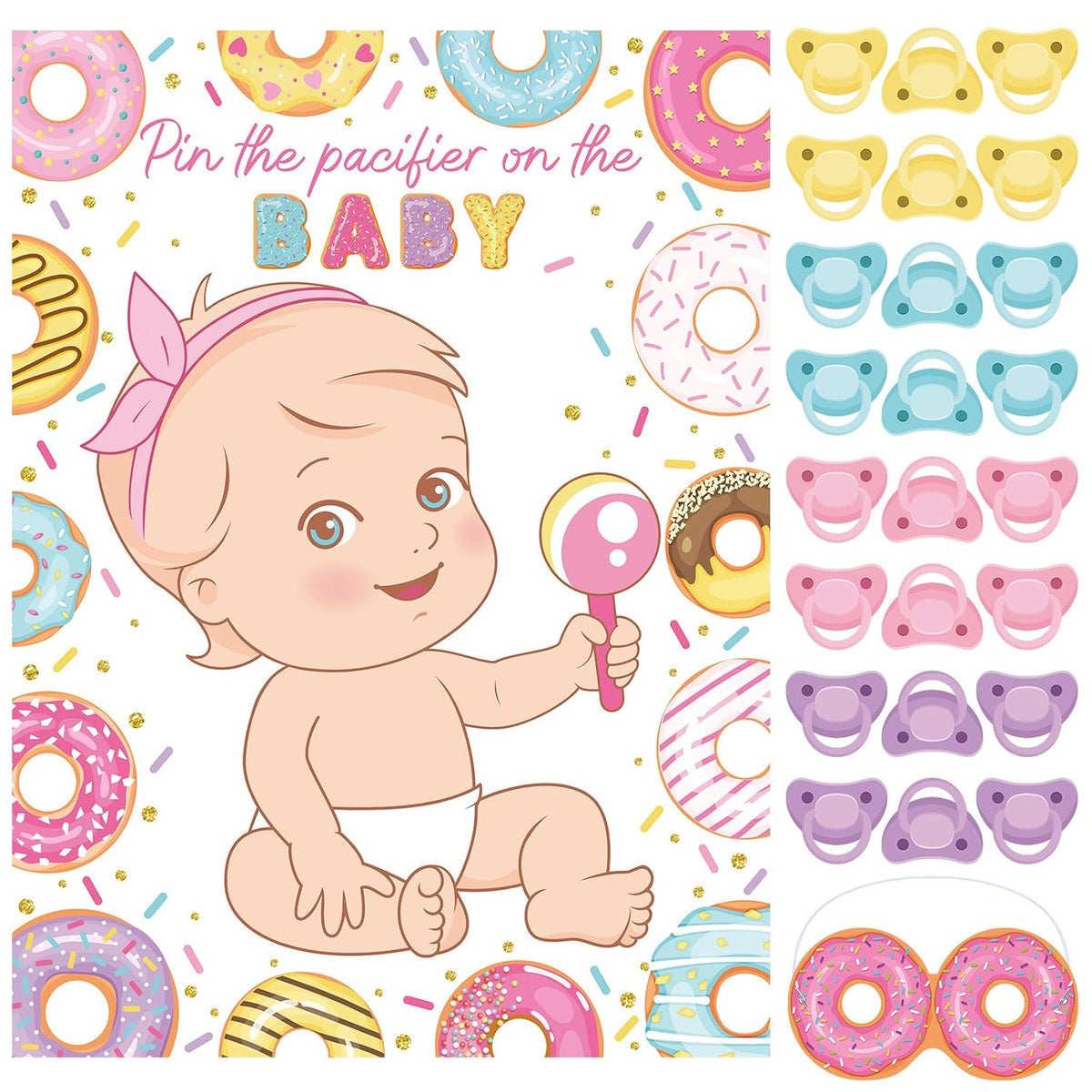 Pin The Pacifier Baby Shower Game Baby Shower Party Decorations Include Large Poster 24 Pacifier Stickers Blindfold Game Set For Birthday Party Decor Supplies (Donut)