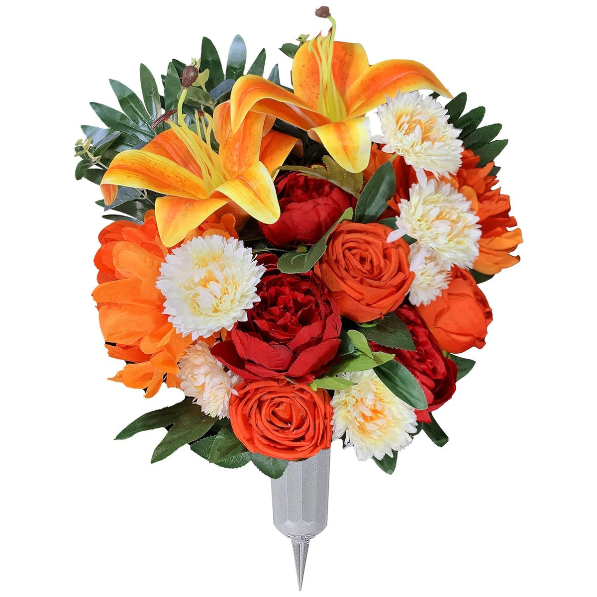 Artificial Cemetery Flower With Vase For Headstone, Outdoor Grave Decoration?Florist-Arranged Memorial Bouquet:Orange Rose And White Mum Mix,Easy Fit