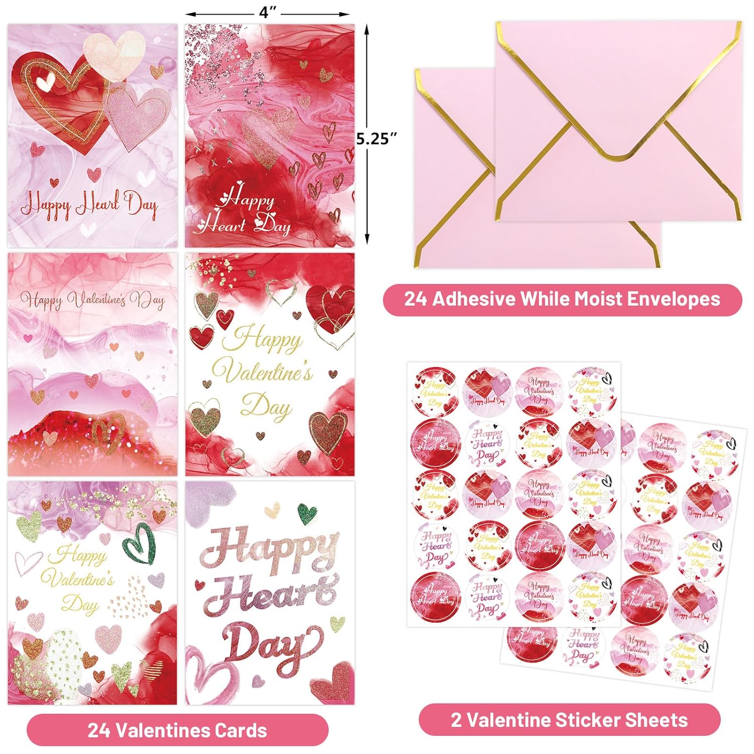 Valentines Day Cards Assortment Happy Heart Day Cards 24 Pcs Glitter Watercolor Pink Valentine'S Day Cards With Envelopes Bulk Anniversary School Kids Adults