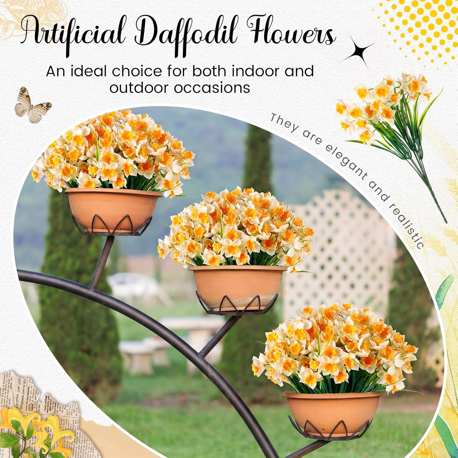 8 Bunches Artificial Daffodils Flowers 14.1 Inches Narcissus Spring Flower Faux Flowers For Home Decor Indoor Decorative For Home Garden Wedding Party(White & Yellow)