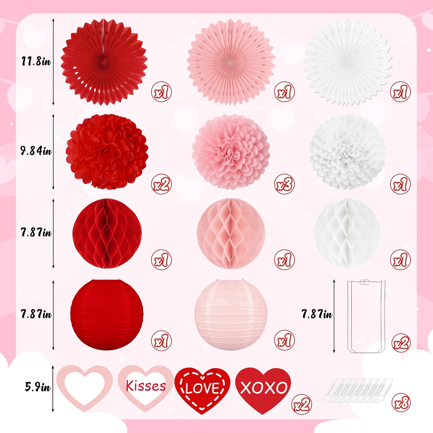 22Pcs Valentines Day Party Decorations – Red Pink Paper Fans, Honeycomb Hanging, Tissue Pom Poms Kit For Classroom, Office, Birthday, Galentines Ceiling Decor