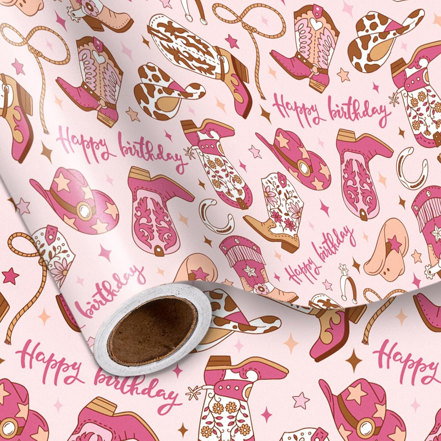 Pink Cowgirl Birthday Wrapping Paper Roll, Festive Western Design, Greetings, For Girl'S Birthday Party, Gift Wrap, Diy Crafts, 17 Inches X 16.5 Feet (23.2 Sq.Ft.)