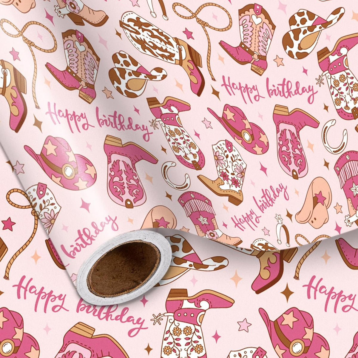 Pink Cowgirl Birthday Wrapping Paper Roll, Festive Western Design, Greetings, For Girl'S Birthday Party, Gift Wrap, Diy Crafts, 17 Inches X 16.5 Feet (23.2 Sq.Ft.)