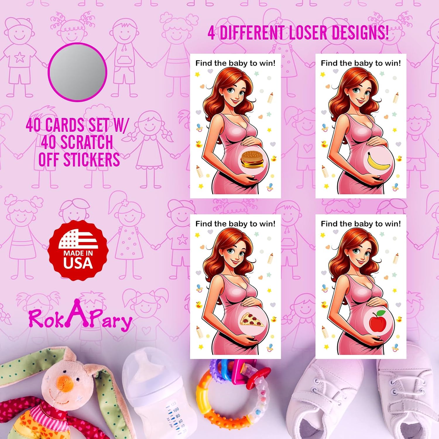 Find The Baby To Win Girl Scratch Off Game, Easy To Play Silly Games, Funny Idea, Baby Shower Ice Breaker Activity. Raffle Cards, Pink Pacifier, Set Of 40 Cards Made In Usa