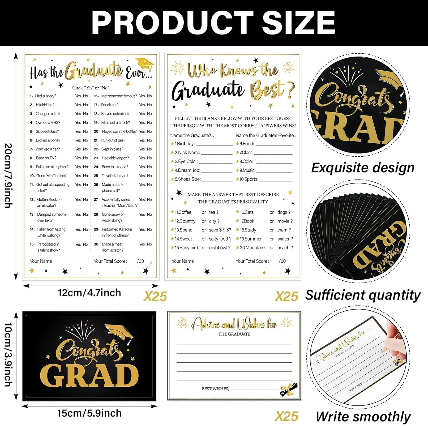 75Pcs 2025 Graduation Party Game Cards Grad Wishes & Advice Cards Who Knows The Graduate Best Cards Has The Grad Ever Game Cards Grad Season Celebration Party Decors Supplies For College High School