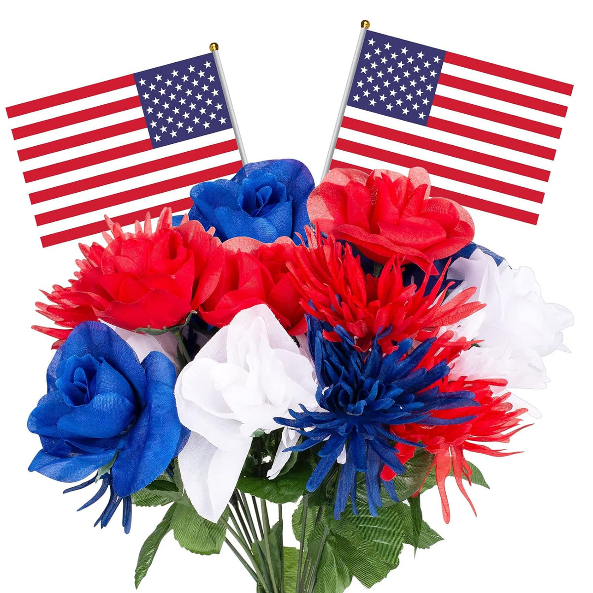 12 Stems Patriotic Memorial Bouquet Artificial Blooming Chrysanthemum, Thank You Veterans Roses With American Flags, Artificial Full Blooming Flowers For Memorial Day, Red/Blue/White