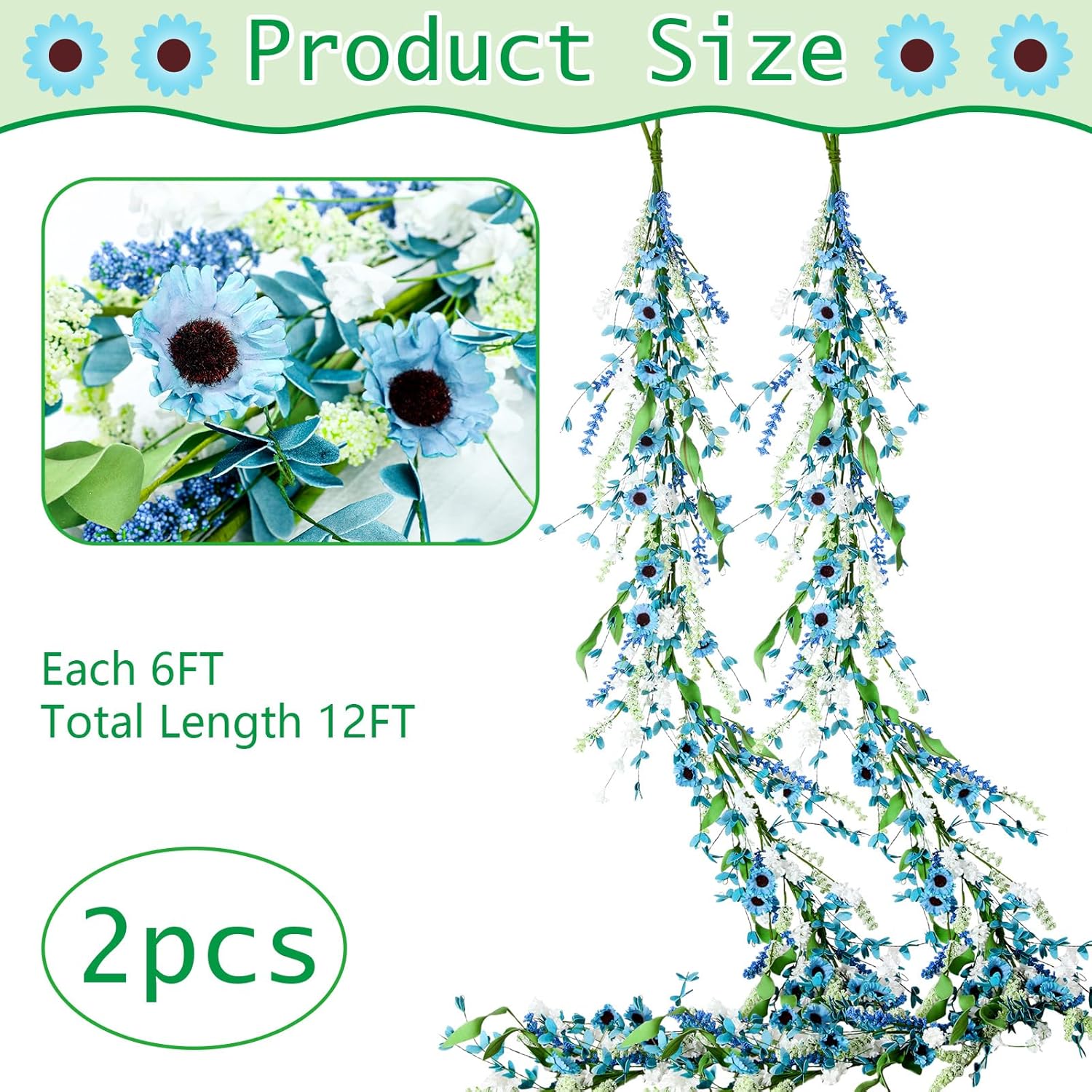 2 Pcs 6 Ft Daisy Flowers Garland - Summer Floral Artificial Blue And Green Leaves Daisy Garland For Mantle Realistic Hanging Flower Decor For Home Fireplace Stairs