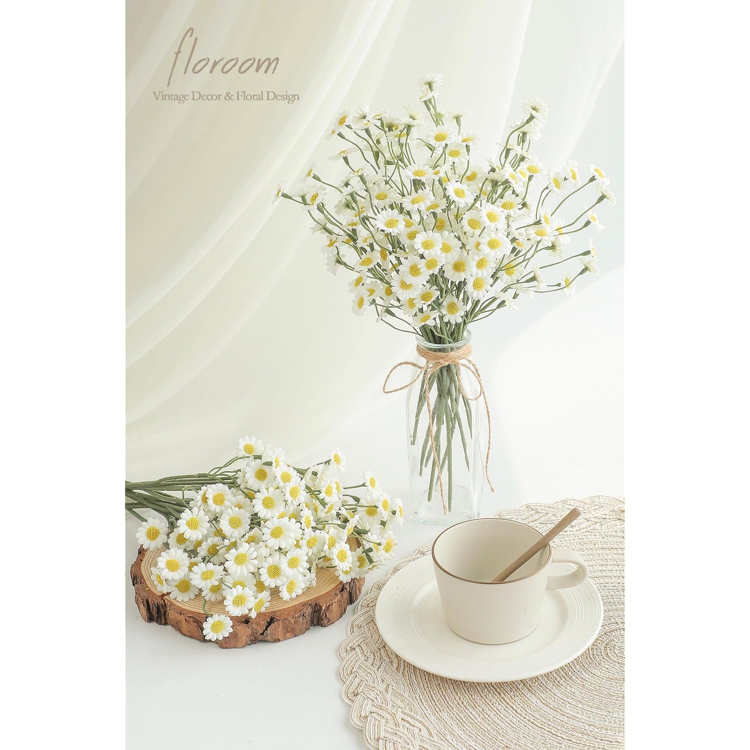 24Pcs Ivory Small Artificial Flowers Faux Silk Daisies Fake Wildflowers With Stems For Diy White Wedding Bouquets Floral Arrangements Party Decor Centerpieces Decorations (Vase Not Included)
