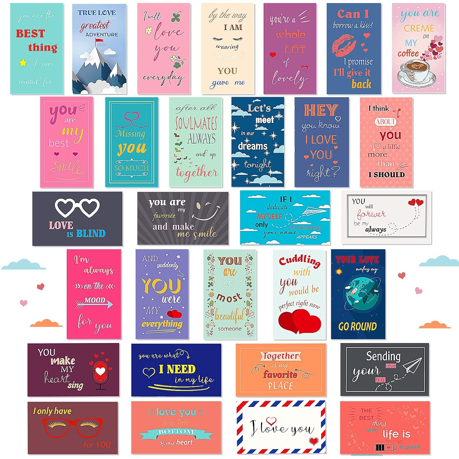 120 Pieces Love Notes For Him Her Romantic Lunch Box Notes Mini Valentine'S Day Cards Inspirational Design 2 X 3.5 Inch For Husband Wife Adults Beloved Ones, 30 Styles