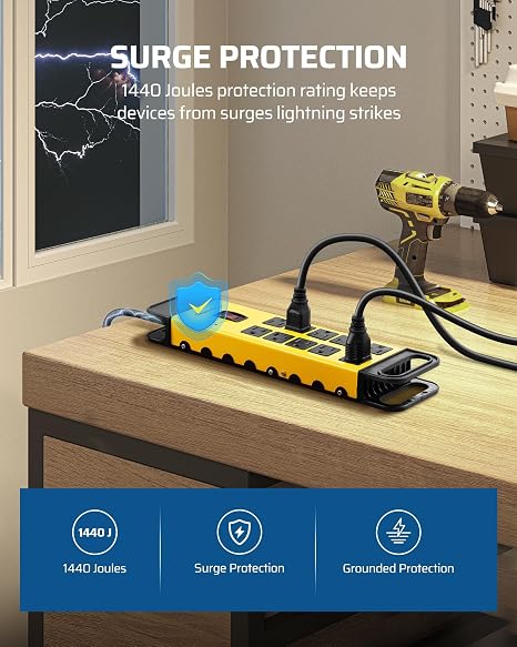 10 Outlet Metal Surge Protector Power Strip 15FT Cord 1440J Flat Plug