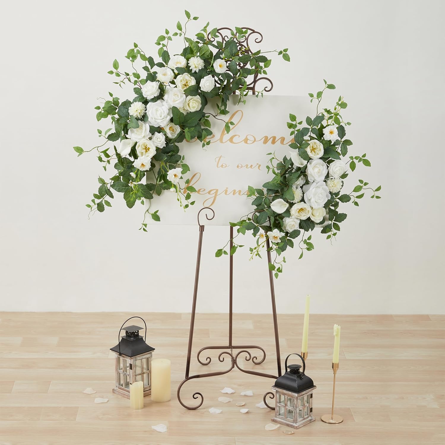 Artificial Wedding Arch Flowers Kit(Pack Of 4), 2 Pcs Floral Arrangement With 2 Pcs Fabric Drap For Arch Decorations Wedding Decor Ceremony Arbor Reception Backdrop For Diy?Cream & White