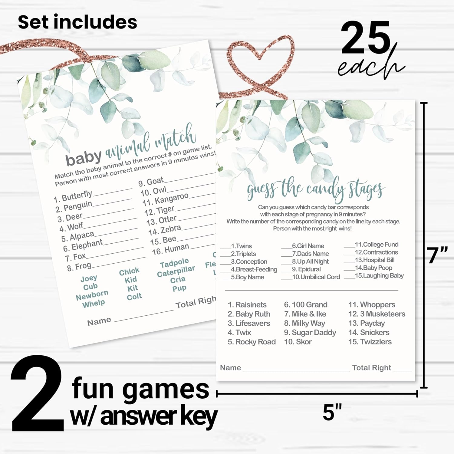 Greenery Baby Shower Animal Matching And Candy Bar Match Games, 25 Each, Double Sided 5X7 Cards, Rustic Eucalyptus And Gold Themed