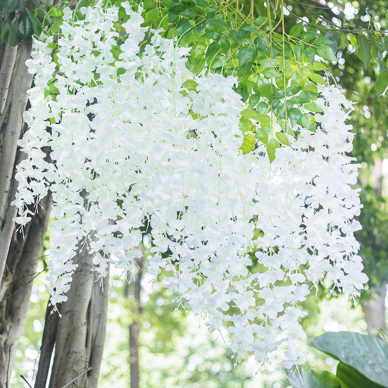 (36 Branches 12 Pack /45 Inch /3.7Ft Wisteria Hanging Artificial Flowers Fake Bushy Silk Vine Garland String For Wedding Party Garden Greenery Home Wall Deco White