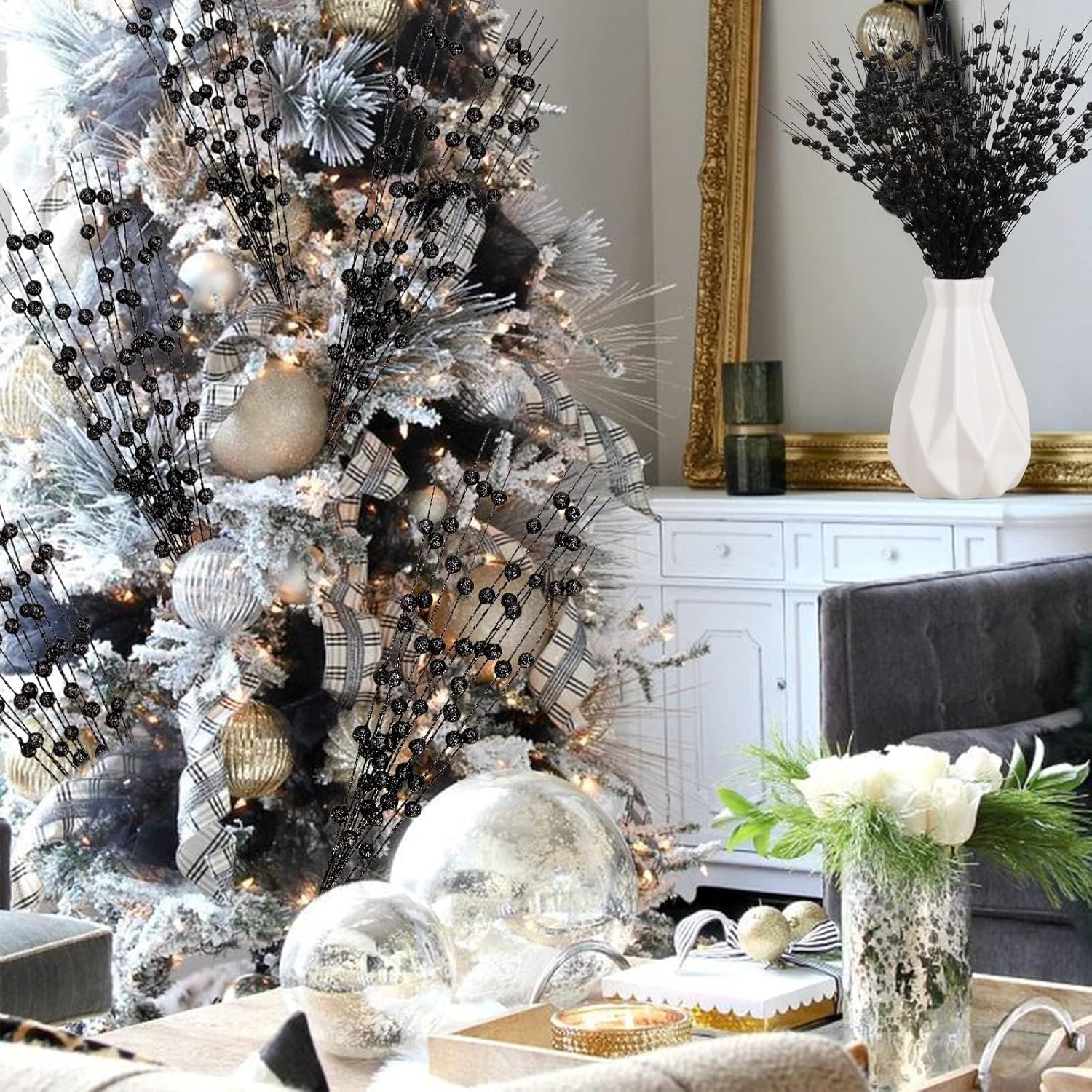 12 Pcs Artificial Glitter Berry, Black Glitter Picks Artificial Berries Stems For Christmas Ornaments Fake Stem Decorative Sticks For Vases Tall Diy Wreath Halloween Decor