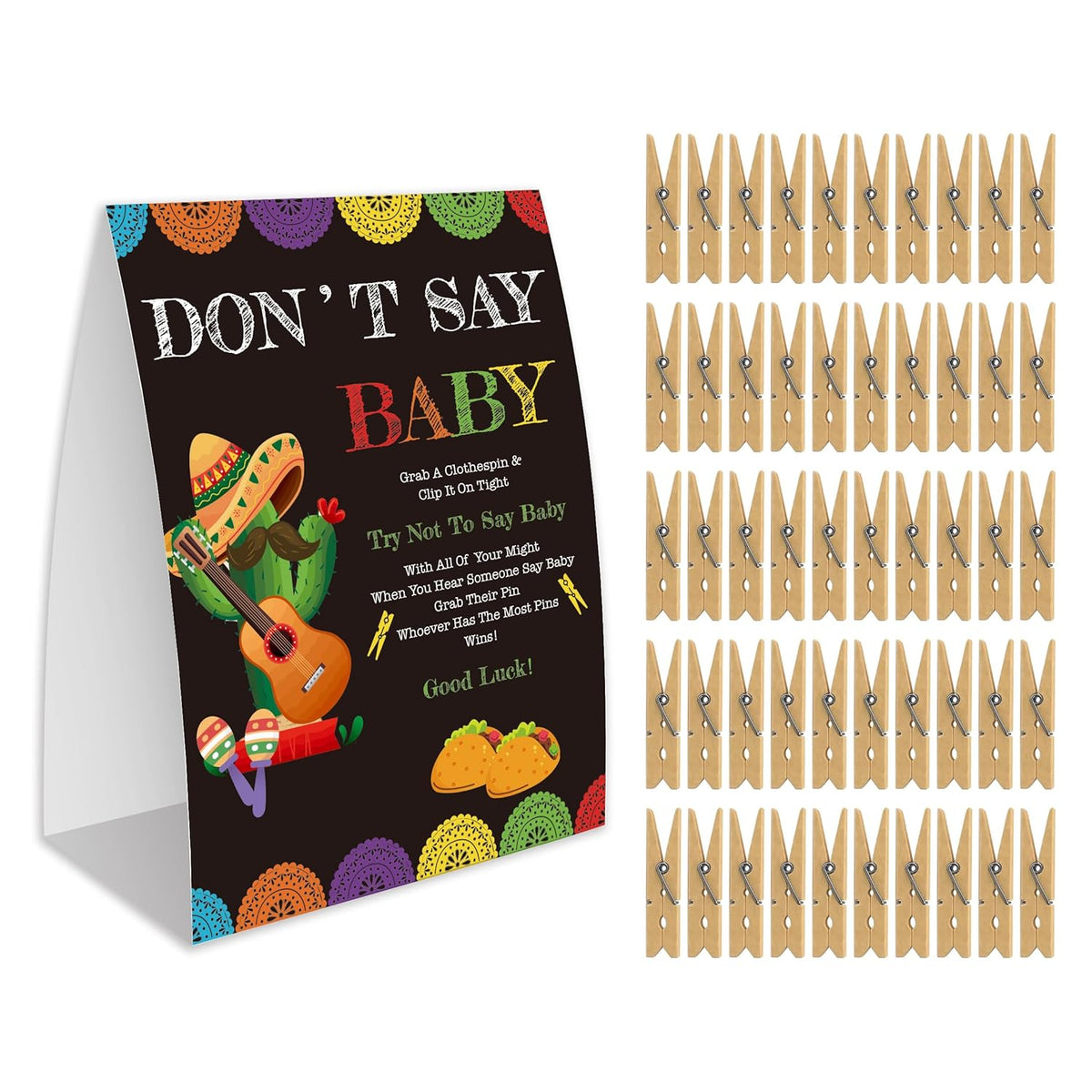 Don'T Say Baby Game For Baby Shower, 50 Wooden Clothespins And One Sign, Fiesta Taco Theme, Pins For Baby Shower Decorations, Gender Reveal Games, Baby Shower Supplies-Bb17