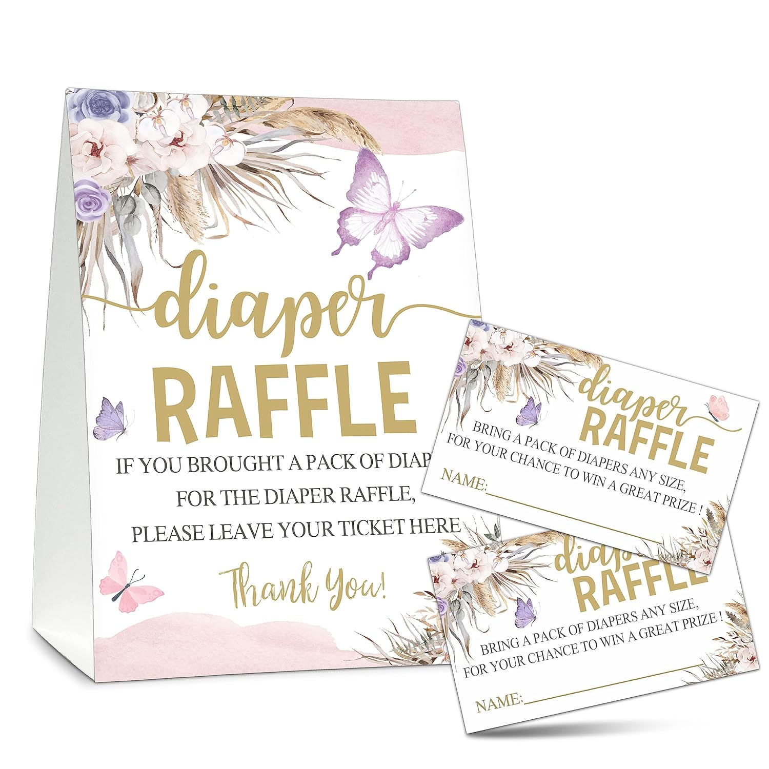 Baby Shower Game Set, 50 Diaper Raffle Tickets With 1 Standing Sign, Boho Butterfly Gender Reveal Party Decorations Supplies - C35