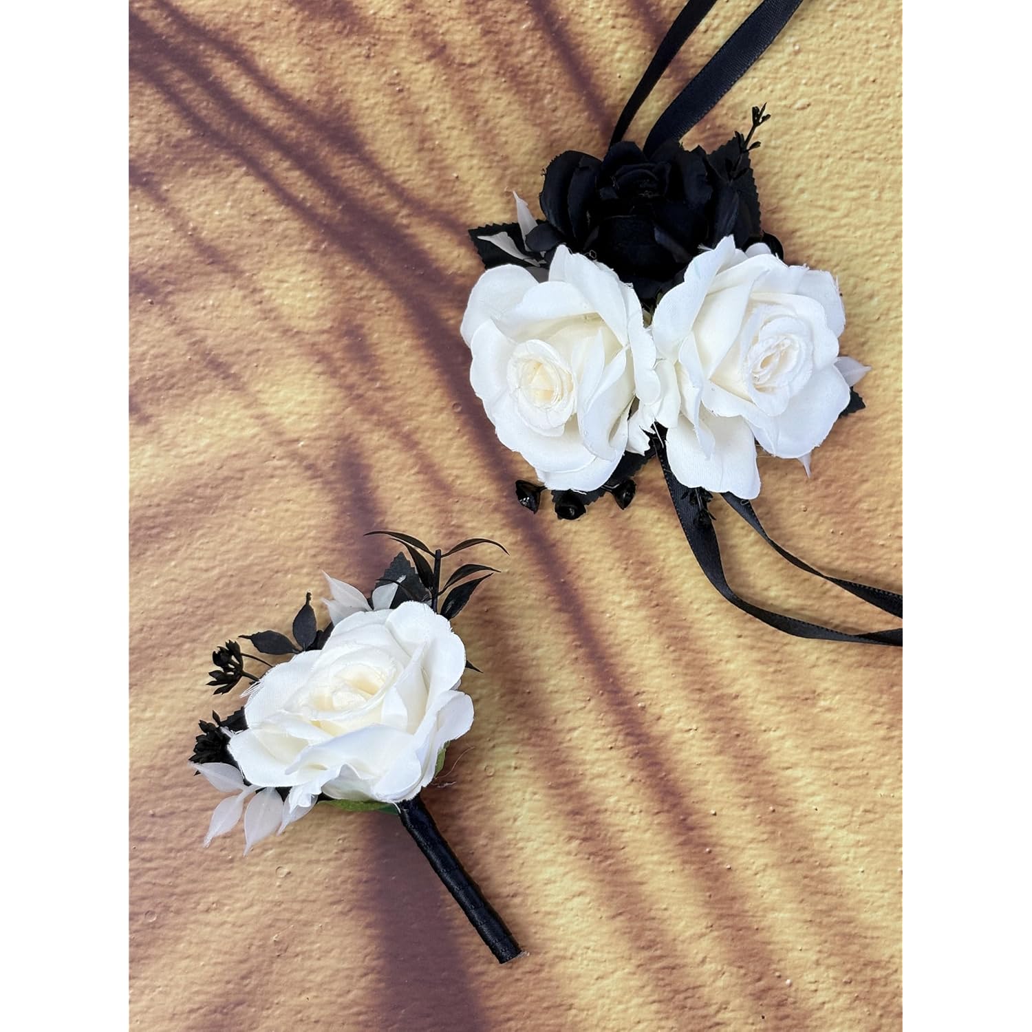 Wedding Flower Set With Rose Corsage And Boutonniere For Men (Black & White)