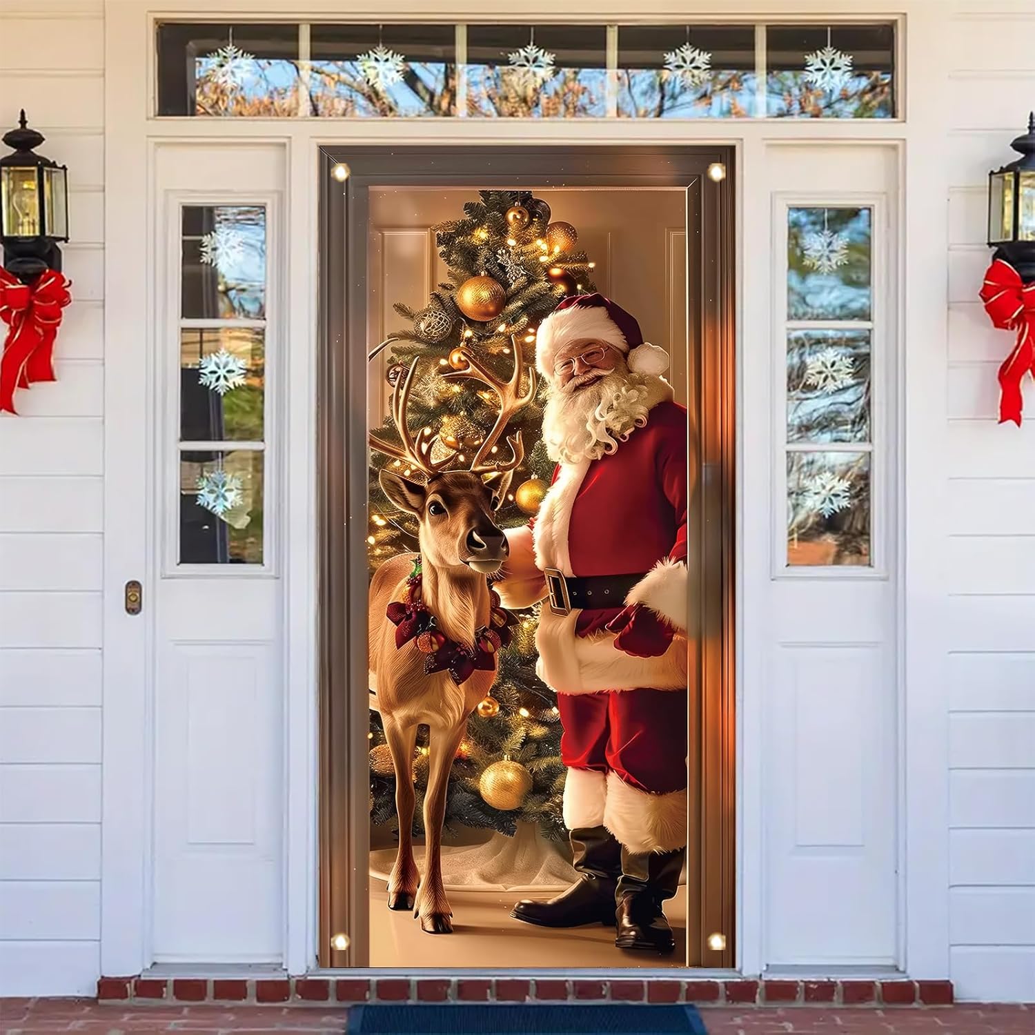 Christmas Door Cover Santa And Reindeer Banner 71 X 35 Inch Gold Ornament Tree Backdrop Holiday Decoration For Front Door Winter Party Wall Hanging Merry Xmas Entryway Photo Prop