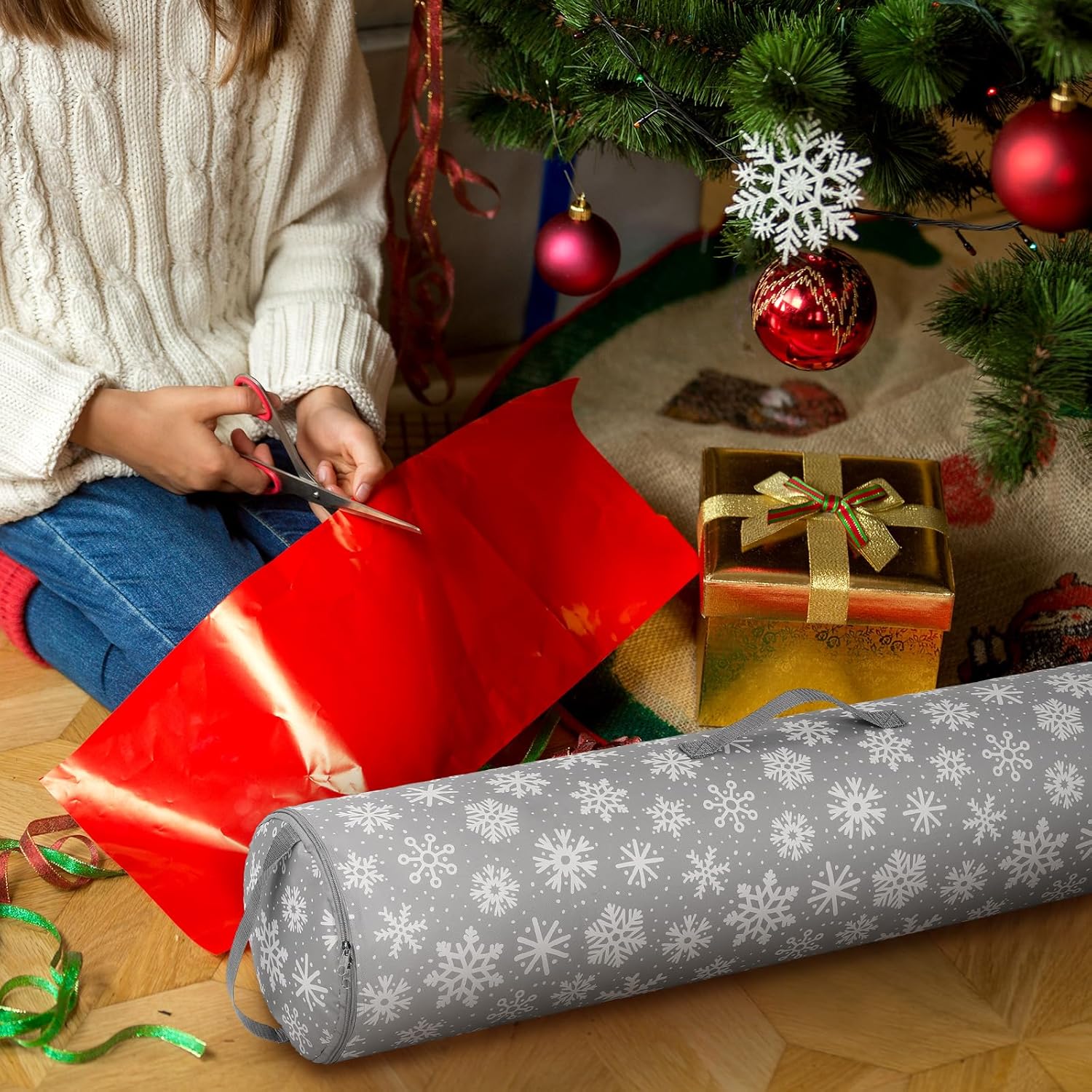 2 Pcs Christmas Wrapping Paper Storage Bags 40 Inch Snowflake Gift Wrapping Paper Organizer Storage Containers For Crafts Poster Tools, Christmas Wrap Holder, 600D Oxford