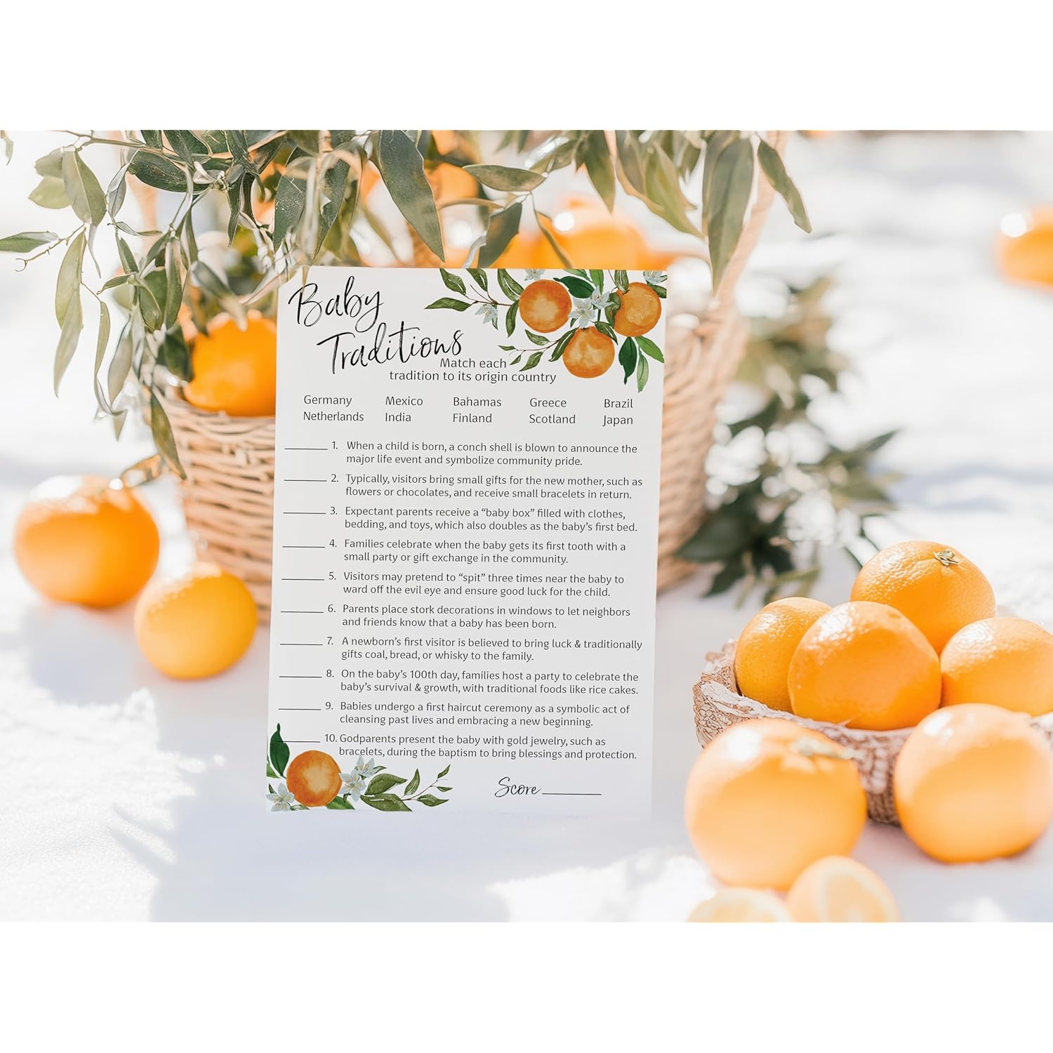 A Little Cutie Theme Baby Shower Games — Baby Traditions Around The World Game — Pack Of 25 — Citrus Orange, Fun Baby Facts Trivia Shower Activity, Gender Neutral Couples Shower Co-Ed Shower G350-Btw