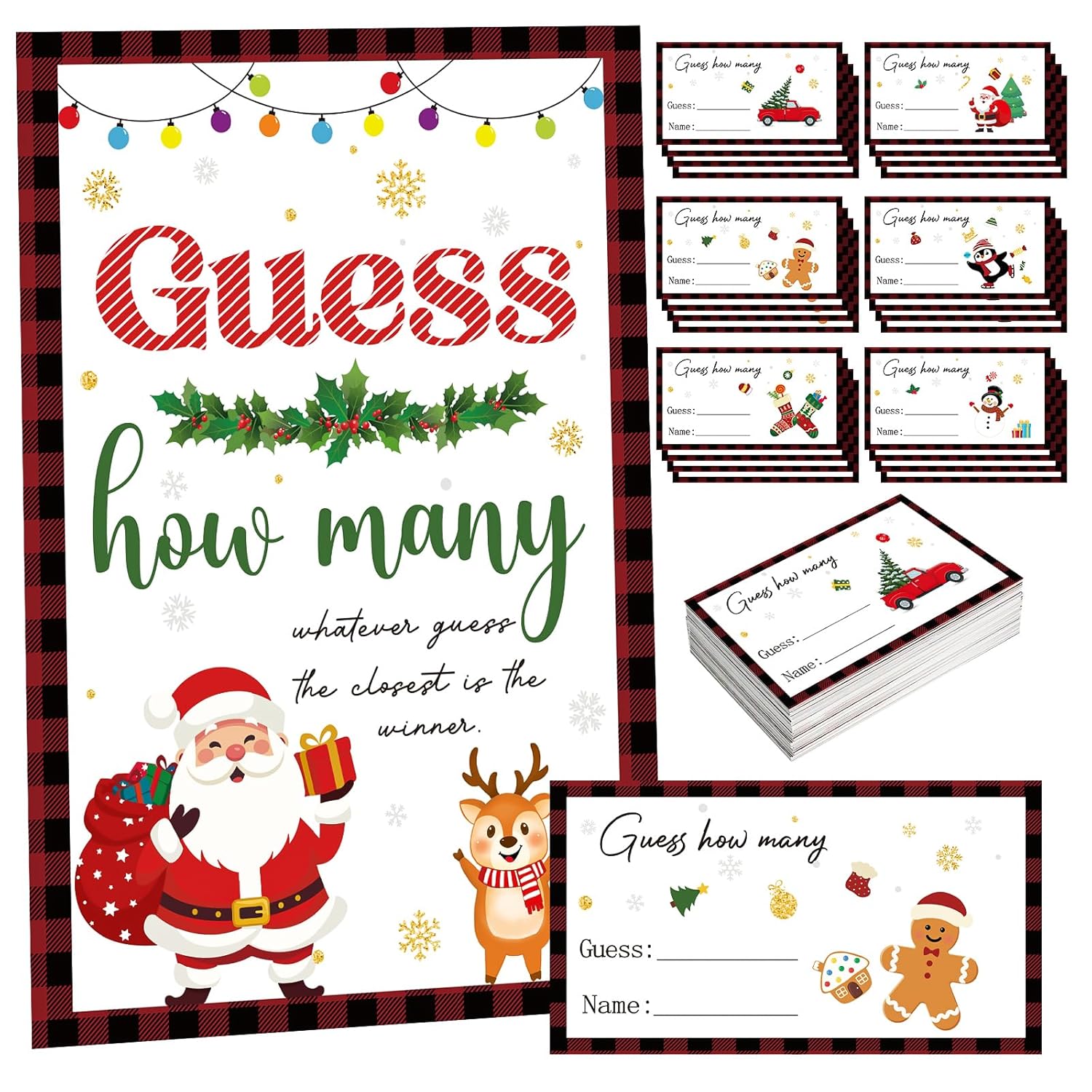 Christmas Games For Family Adults Office Large Groups Party, Xmas Guess How Many Game, Winter Families Classroom Activities With Guesses Cards - 60 Players (Xmas)