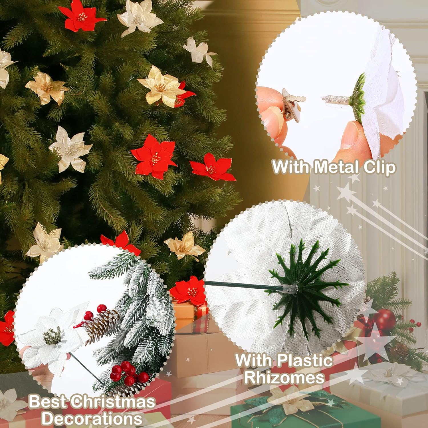 100 Pieces Christmas Glitter Artificial Poinsettia Flowers With Clips And Stems 5 Inch Poinsettia Artificial Decorations Christmas Tree Flowers Ornaments(Red, Gold, Silver)