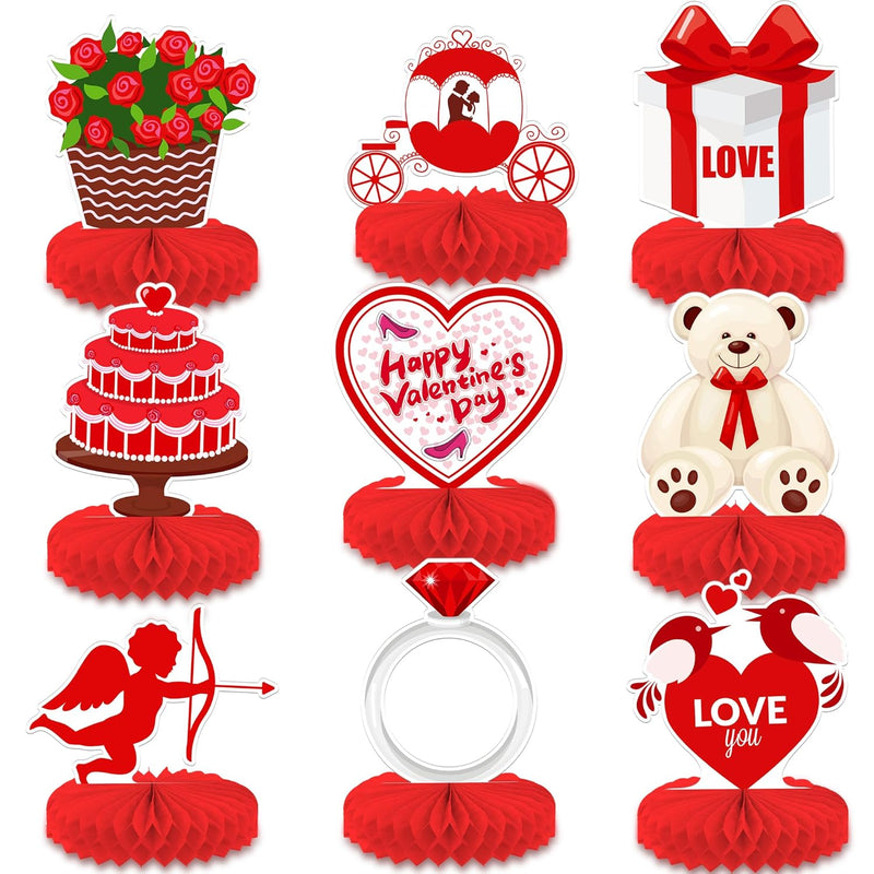 , Red Valentine Honeycomb Centerpieces - Pack Of 9 | 3D Valentines Day