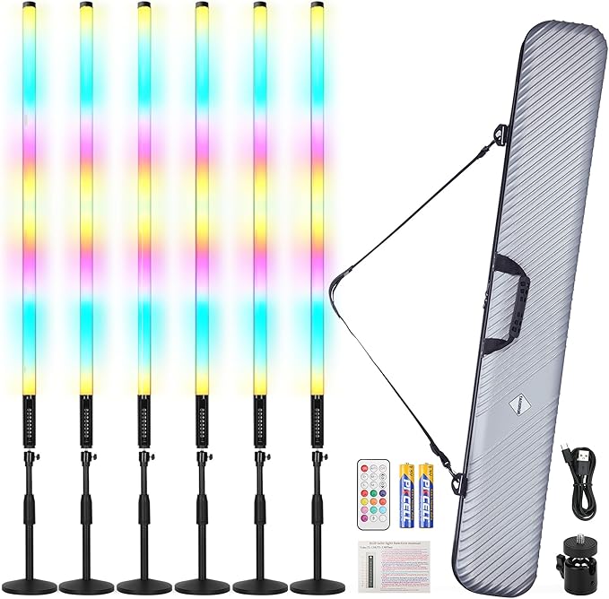 6 Pack 4FT RGB Tube Lights Rechargeable DJ Neon Light Bars with Stands Case for Stage Party