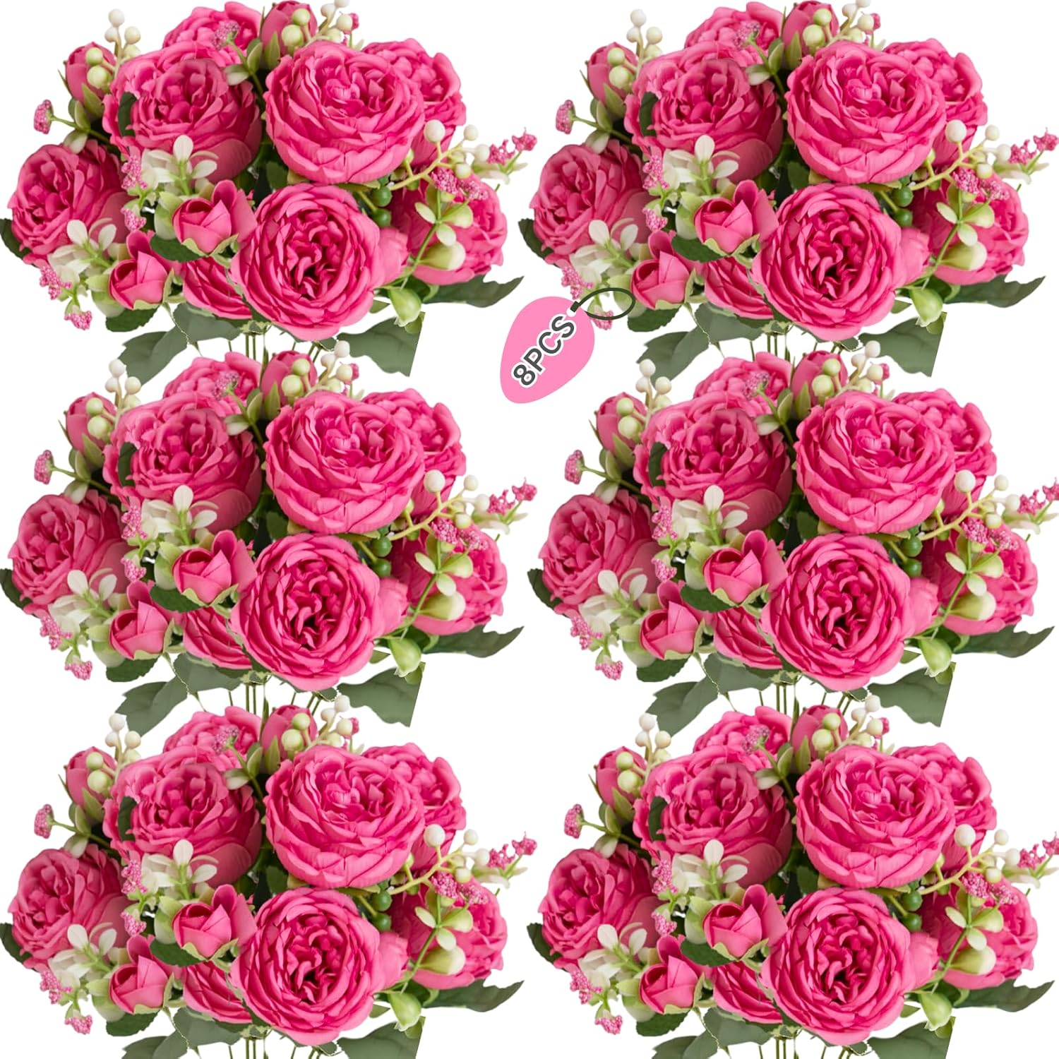 8Pcs Artificial Flowers Fake Peonies Silk Peony Bouquet Faux Flowers Bulk Arrangements For Decoration Vase Florals Arrangements Wedding Home Party Table Hot Pink