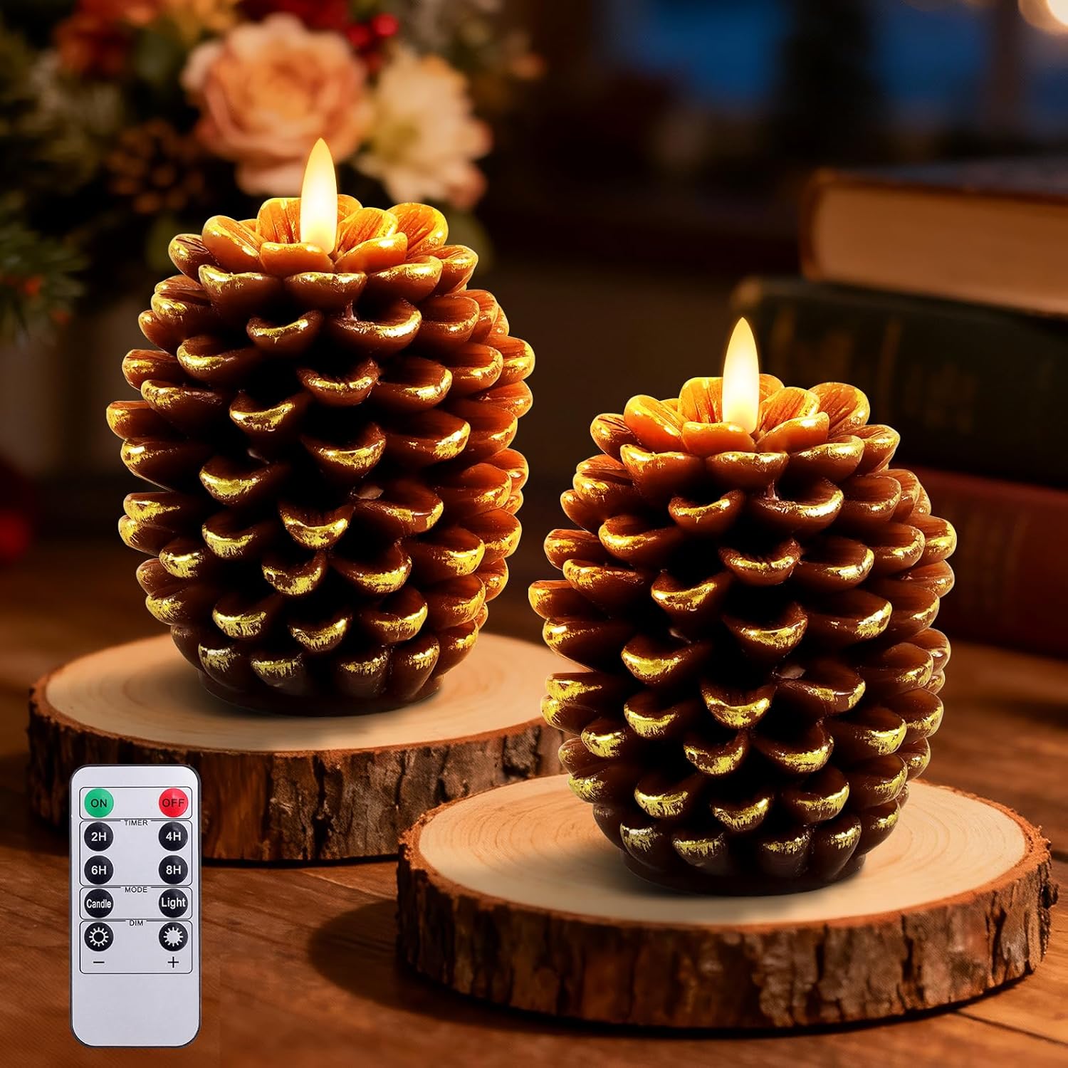 2 Pack Pine Cone Candles With Remote Timer, Christmas Real Wax Led Candle, Battery Operated Flickering Flameless Candles, For Christmas Holiday Decoration