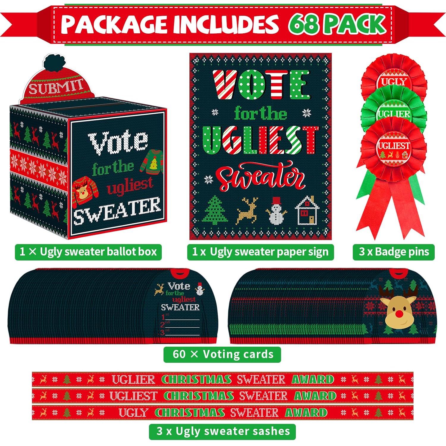 68Pcs Christmas Ugly Sweater Party Voting Cards Sets Supplies With Contest Ballot Box Voting Cards Award Sashes Medal Badges Trophy Games Decorations For Winter Xmas Holiday New Year Party Favors
