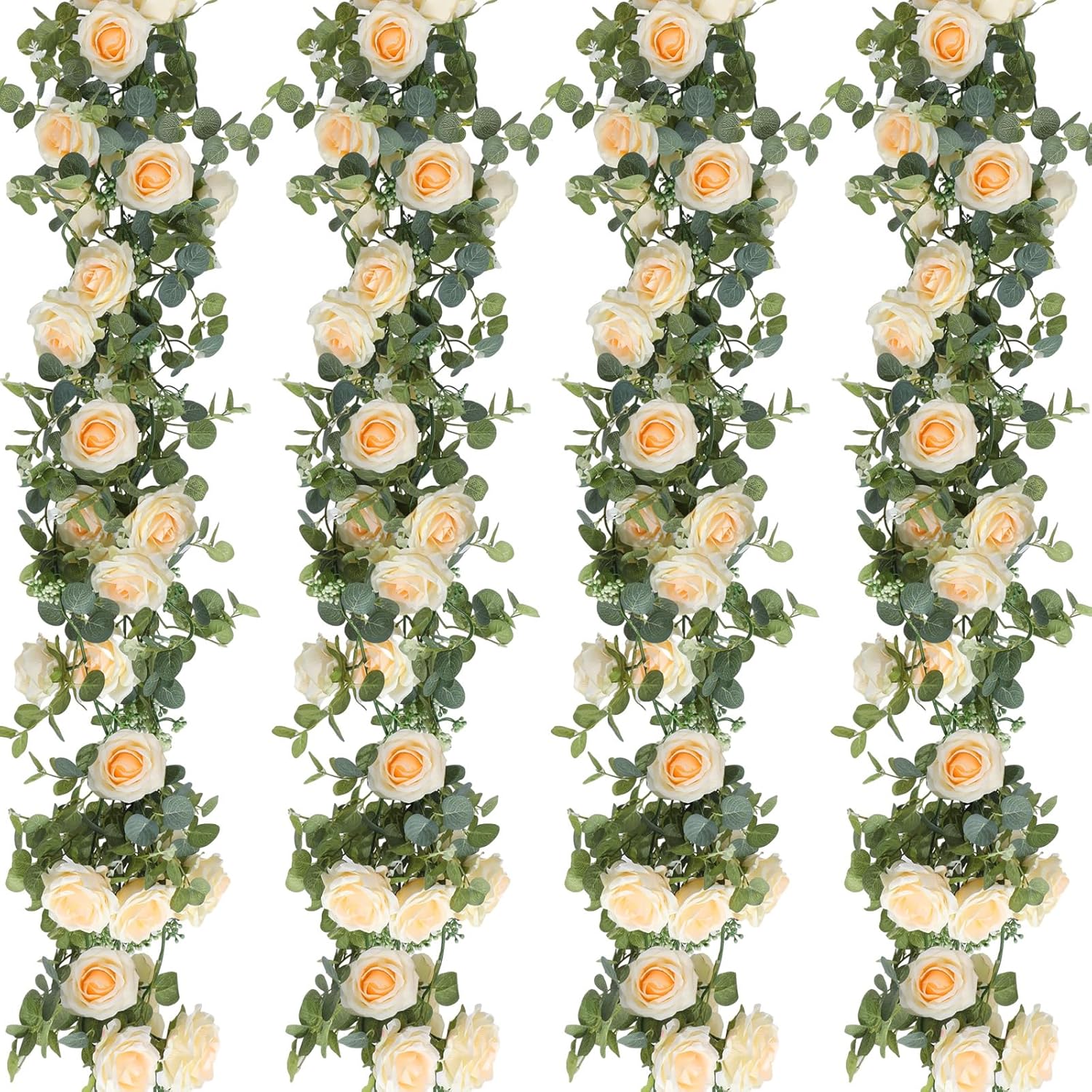 4 Pack 26 Ft Artificial Eucalyptus Vines Garland With Flowers Fake Floral Flower Garland Rose Wreath For Wedding Party Arch Table Decor Backdrop Decorations(Champagne)