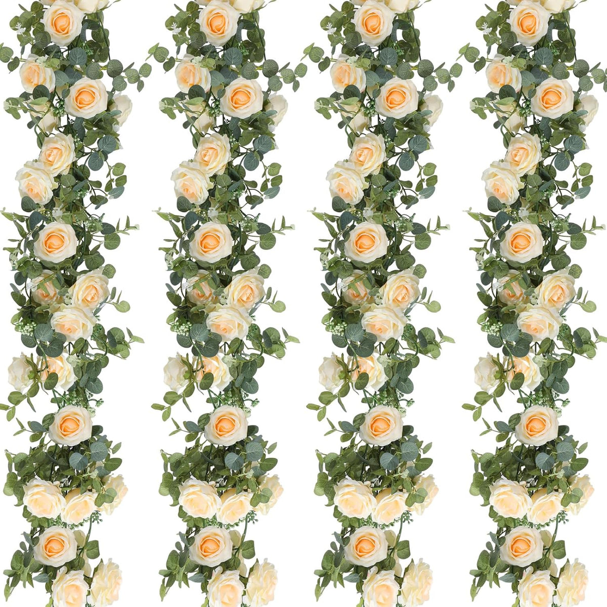4 Pack 26 Ft Artificial Eucalyptus Vines Garland With Flowers Fake Floral Flower Garland Rose Wreath For Wedding Party Arch Table Decor Backdrop Decorations(Champagne)