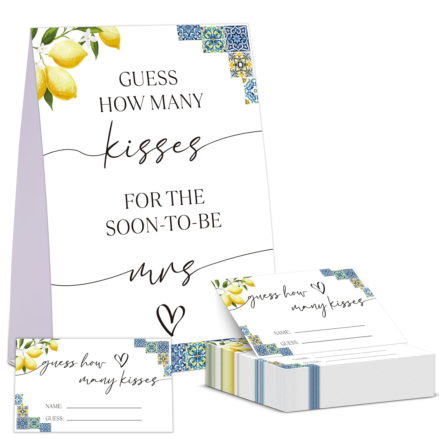 Blue Tiles And Lemons Bridal Shower Game, Guess How Many Kisses For The Soon To Be Mrs, Pack Of 1 Sign And 50 Guessing Cards, Modern Bridal Shower Decorations, Wedding Shower Supplies - 02