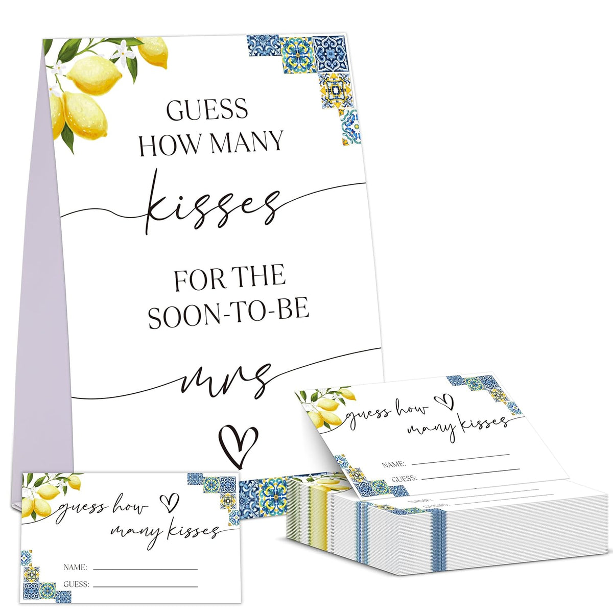 Blue Tiles And Lemons Bridal Shower Game, Guess How Many Kisses For The Soon To Be Mrs, Pack Of 1 Sign And 50 Guessing Cards, Modern Bridal Shower Decorations, Wedding Shower Supplies - 02