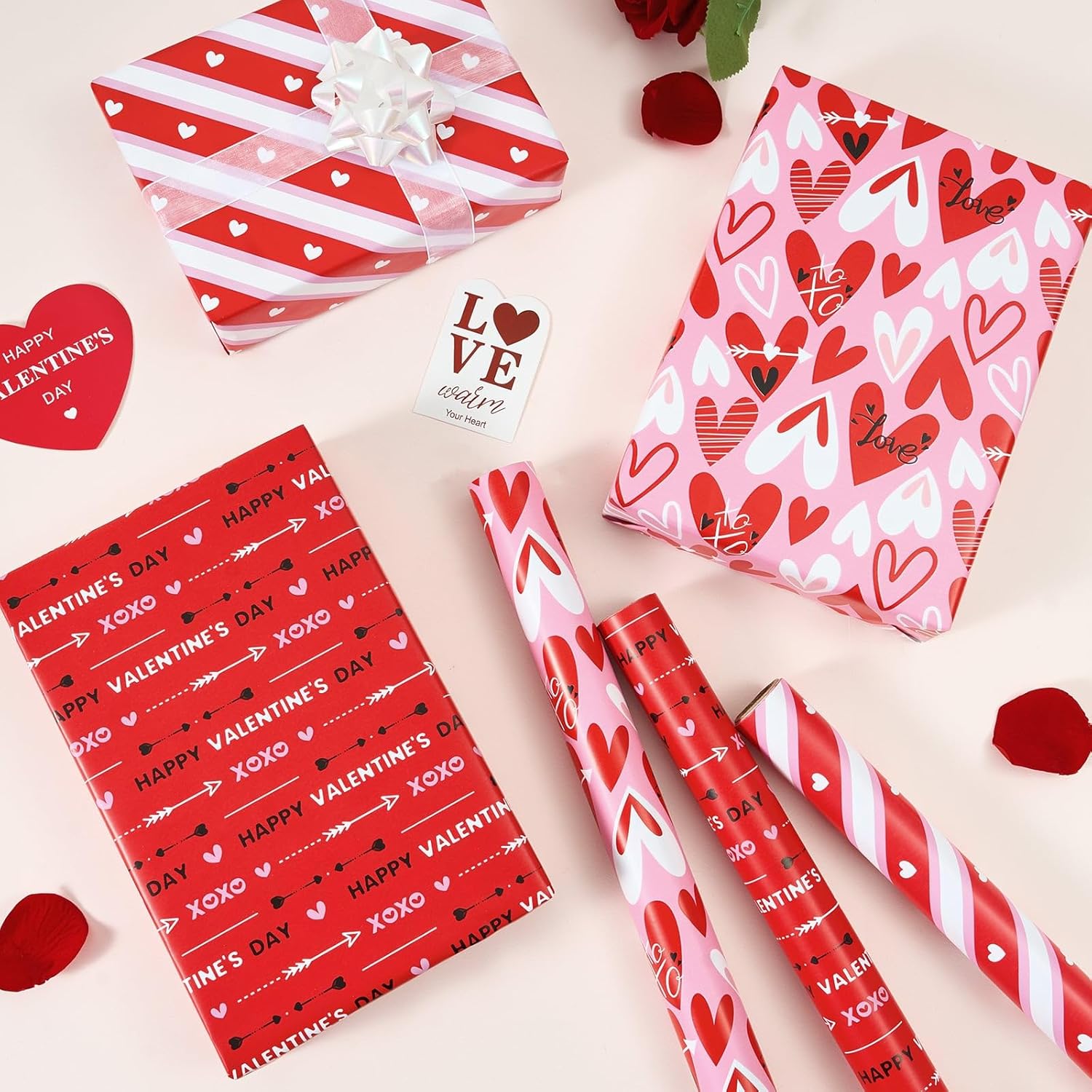 Valentines Wrapping Paper Rolls - 3 Roll 17”X 120” Happy Valentines Day Gift Wrap Supply Red Love Heart Stripe Design Girls Princess Style For Women Valentine Date Favor