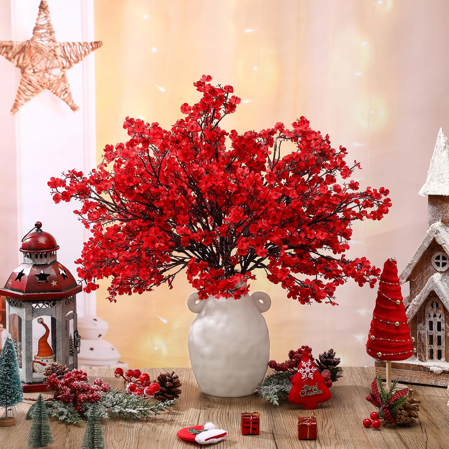 24 Pcs Red Babys Breath Artificial Flowers Decoration Fake Picks Stems Floral Arrangement Bushes Bulk For Home Indoor Table Decor(Red)
