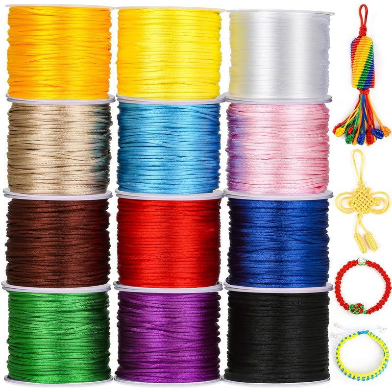 12 Rolls Nylon String For Bracelets, Satin Rattail Silk Cord Silky Beading Str