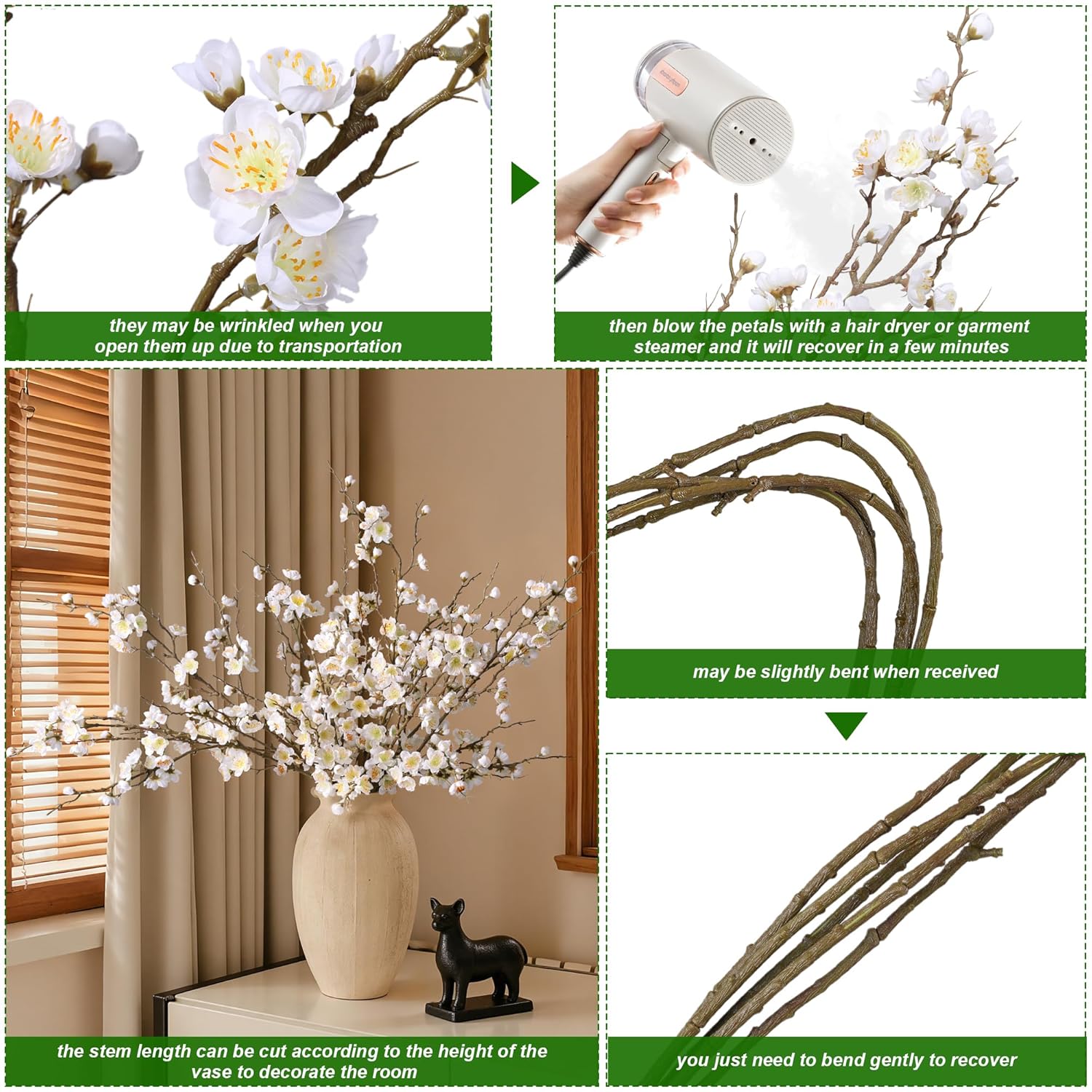 6 Pcs Artificial Cherry Blossom Branches Spring Indoor Decoration, Faux Flowers 34.45" Long Stems Plum Fake Peach Plants Real Touch Silk For Wedding Home Bedroom Party Table Office, White