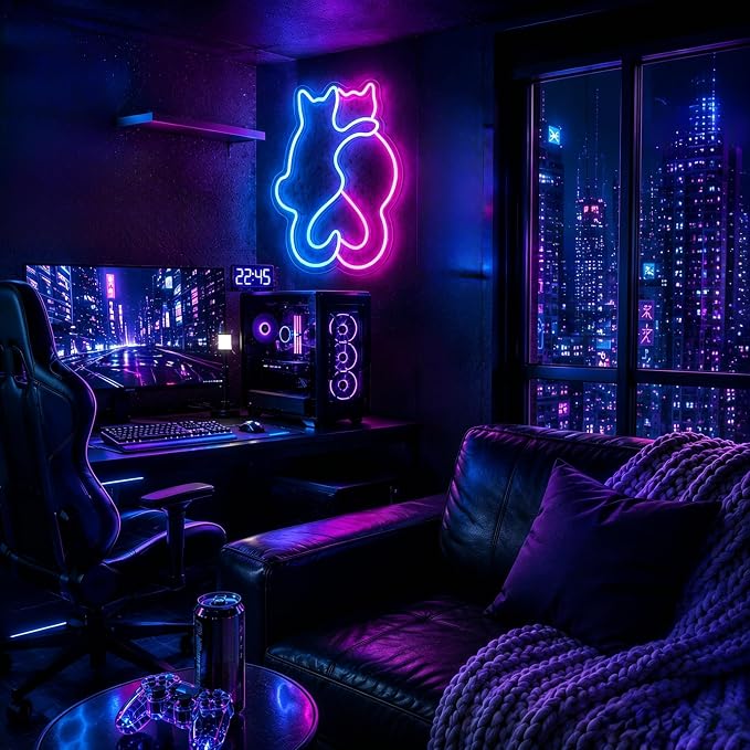 Pink Blue Double Cat Neon Sign USB Powered LED Wall Light for Bedroom Room Decor