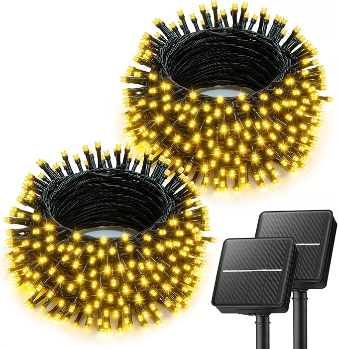 2 Pack 80FT Solar String Lights 200 LED Warm White Waterproof Patio Garden Lights