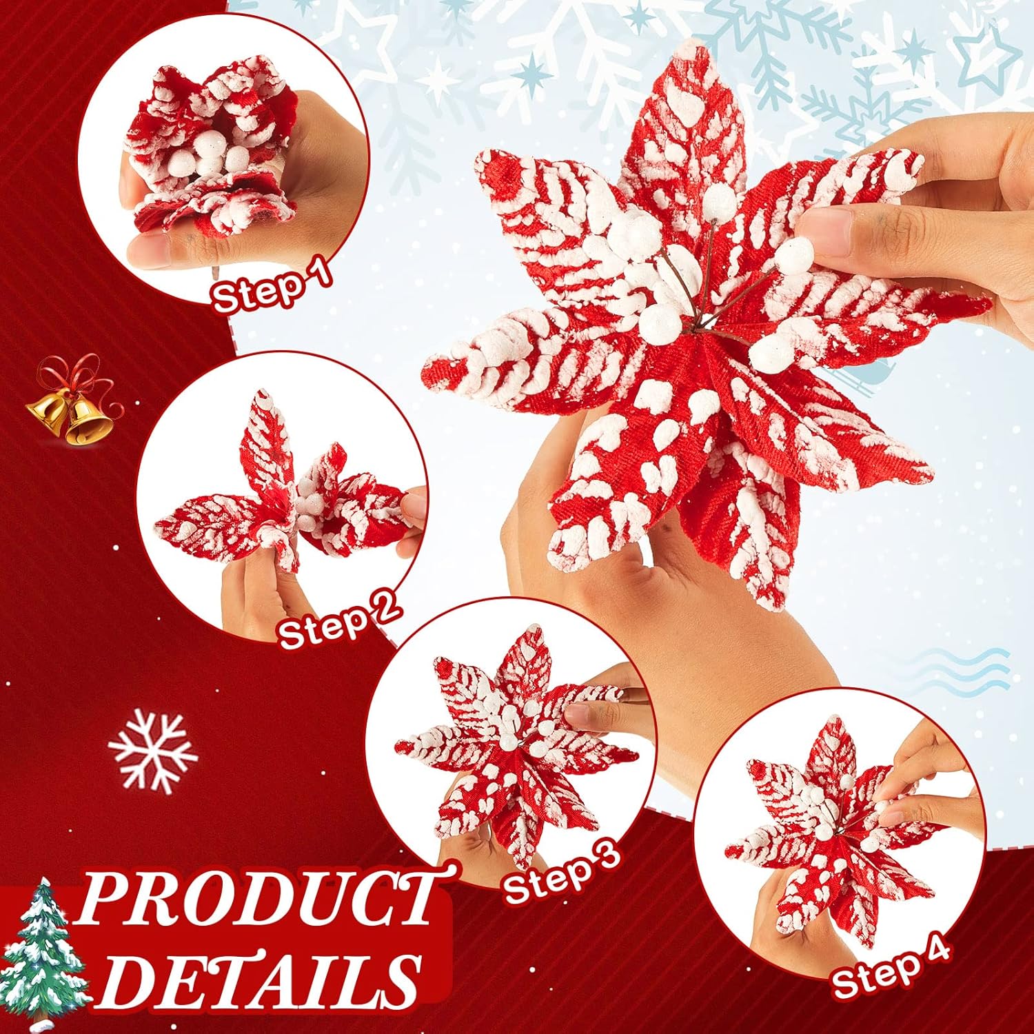 24 Pieces Red White Poinsettia Artificial Christmas Flowers Decoration Snow Spray Christmas Tree Picks Decorative Stem For Xmas Wreath Decorations (5.5 Inches)