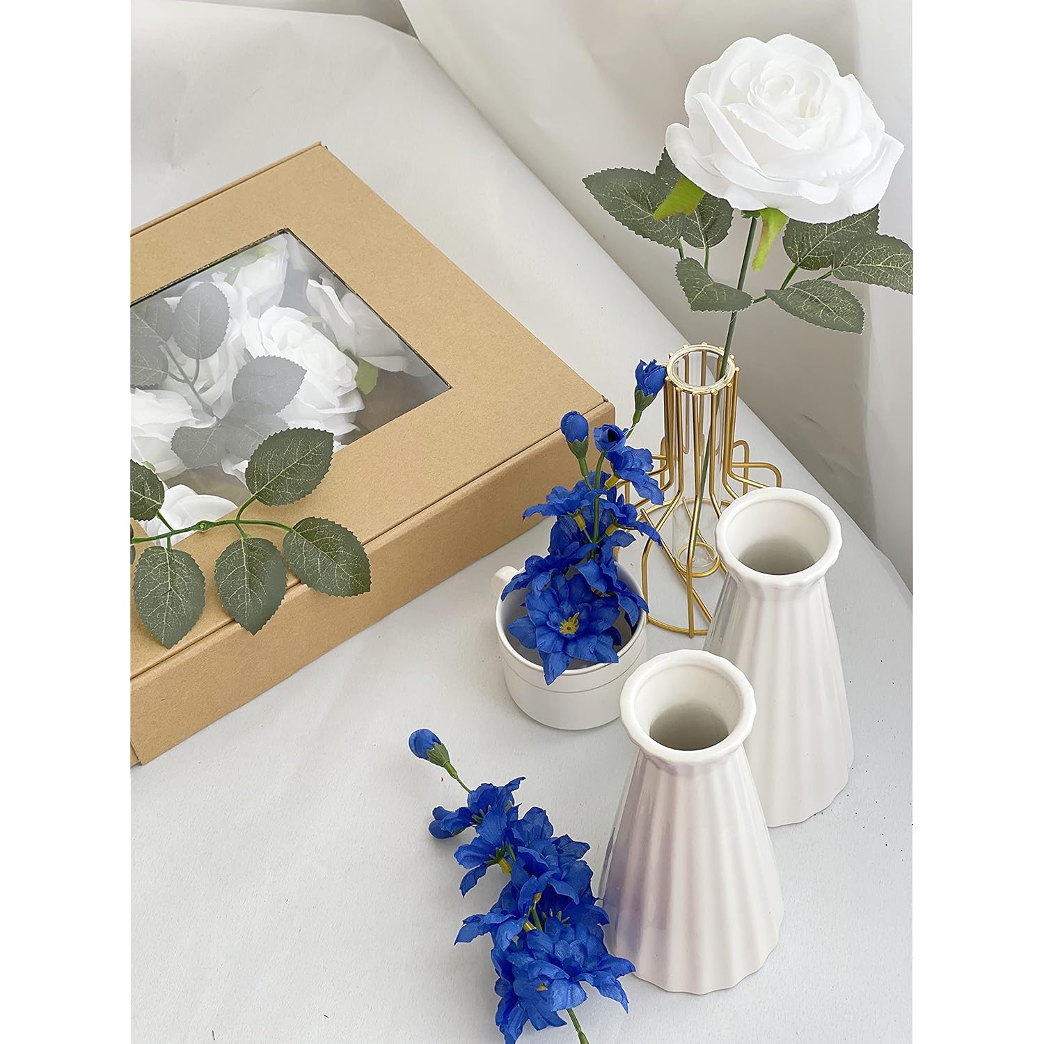 25Pcs White Flowers Silk Rose Artificial Flowers Real Touch Fake Rose W/Stem Faux Flowers Gift Box For Weddings Parties Floral Arrangements Arrangements Party Tables Decorations