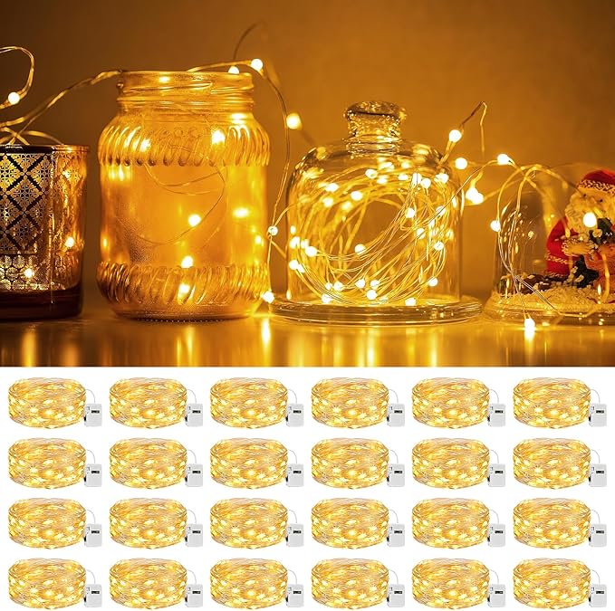 24 Pack Battery Operated Fairy Lights 7FT 20 LED Warm White Twinkle String Lights 3 Modes Waterproof Silver Wire for Mason Jars Wedding Party Christmas Decor